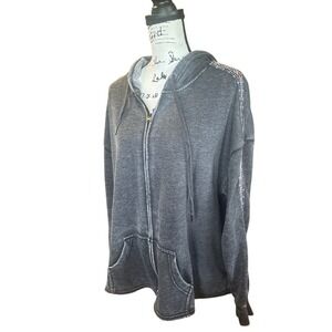 Full Zip Hoodie Sweatshirt Women's Size X-Large Gray Embroidered Sleeves